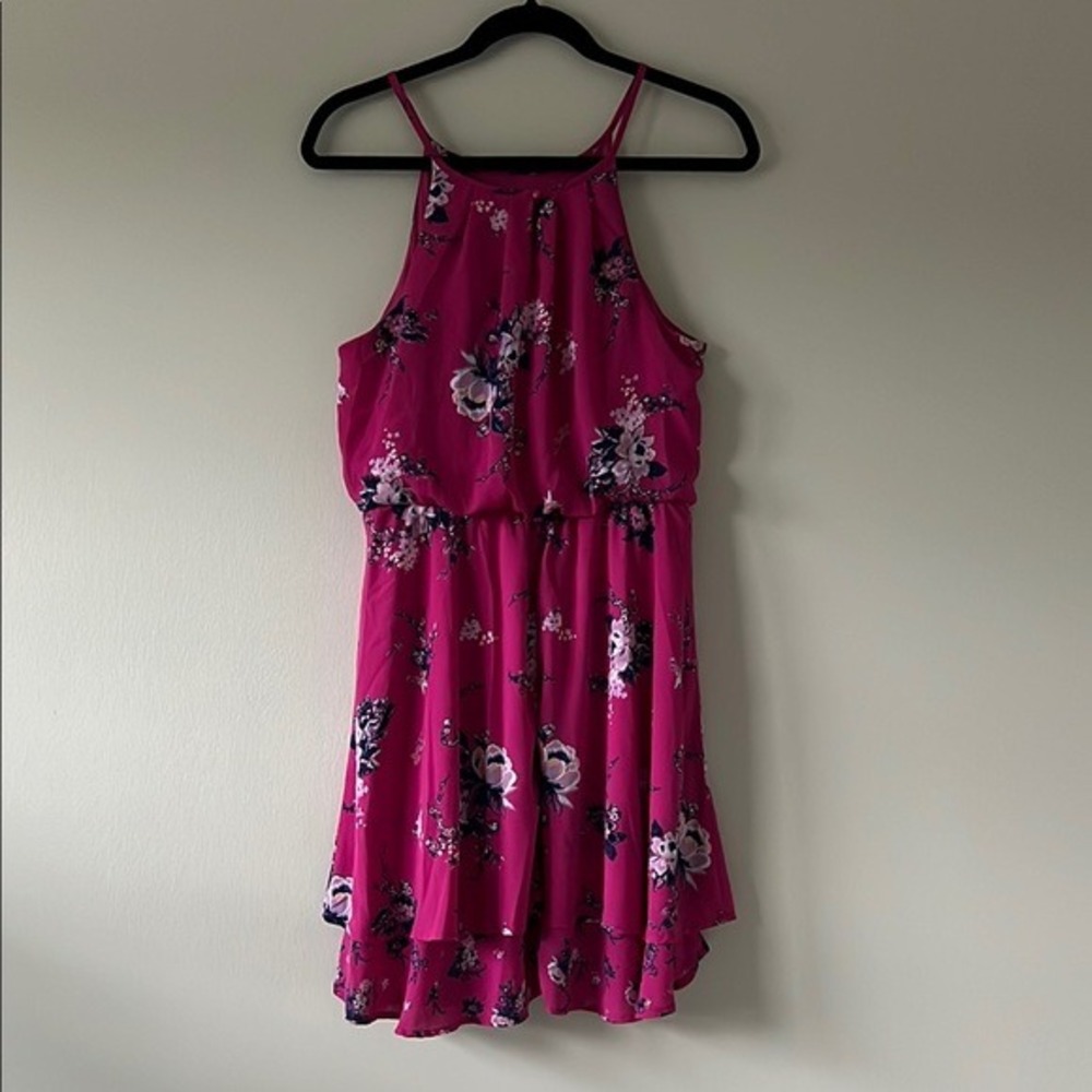 Blu RainWomen's Pink Floral Halter Neck Ruffle Dress Size L - Picture 3 of 4